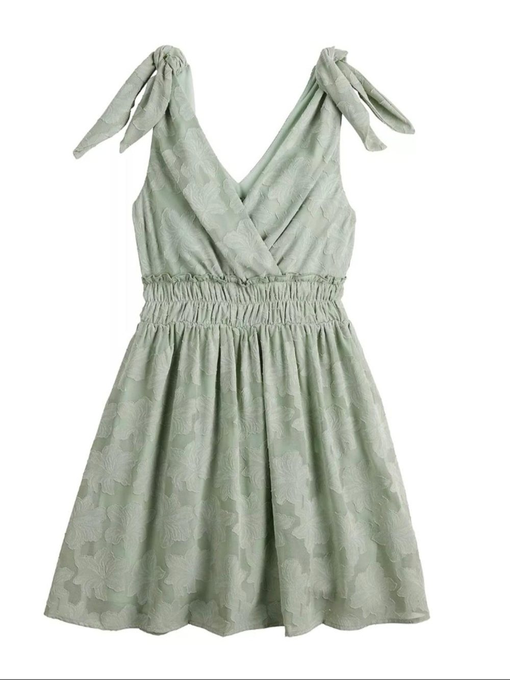 Fairycore Green Floral Adjust Ribbon Bow Shoulder Ties Fit Flare Dress Large